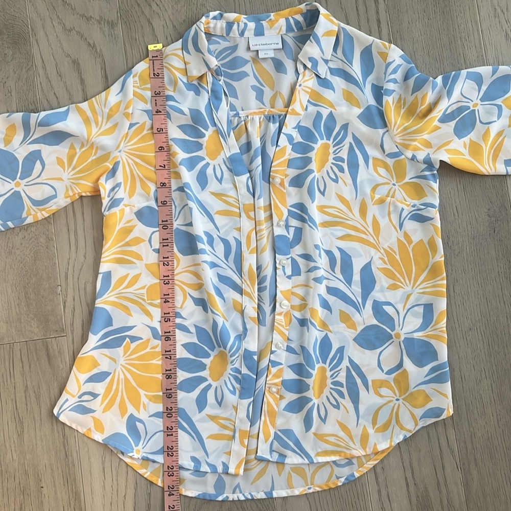 Liz Claiborne Blue Yellow White Floral Button-Up Blouse Long Sleeve Petite S - Picture 5 of 7